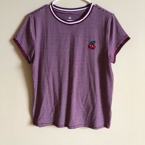 Maroon and white stripped tee with cherry patch